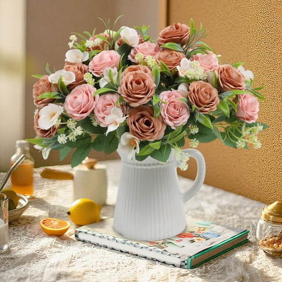 HOARBOEG Lifelike Artificial Rose Bouquet with Realistic Stems & Leaves, 11.6in Artificial Flowers In Vase, Faux Flowers for Wedding Centerpiece, Silk Flowers Gift for Mom, Valentine's Day