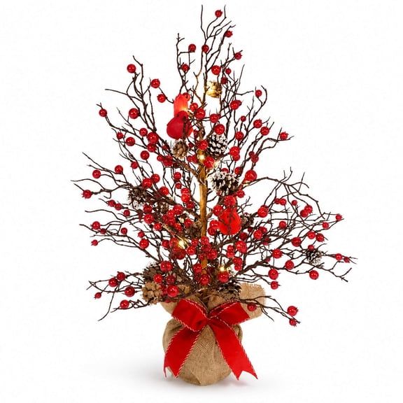 HOARBOEG Lighted Red Berry Tabletop Christmas Tree, Mini Twig Xmas Tree with Warm LED Lights, Battery Operated, Holiday Mantel Decor Centerpiece, Rustic Winter Home Accent, 19.7 in