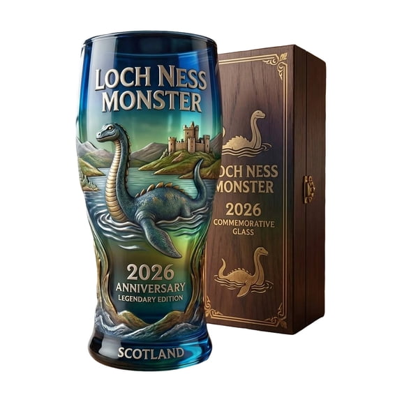HOARBOEG Loch Ness 2026 Anniversary Commemorative Beer Glass - Scotland Themed Embossed Pint Glass with Gift Wooden Box, 500ml Lead-Free Crystal Drinking Cup for Whiskey & Beer, Collectible Souvenir