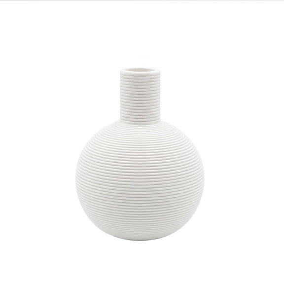 HOARBOEG Matte Ceramic Sphere Vase – Ribbed Geometric Accent Vase, Neutral White, 5" Small Decorative Vase for Bookshelf Entryway Tabletop, Minimalist Boho Home Decor