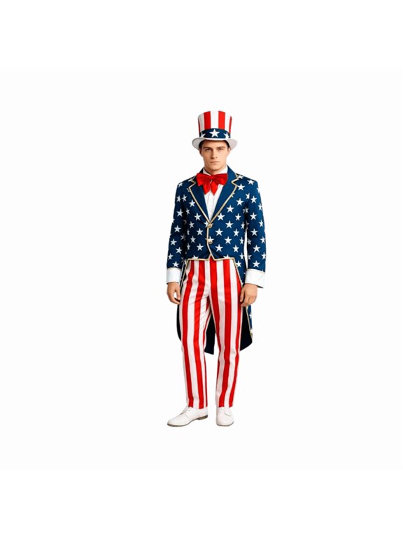 HOARBOEG Men's Patriotic Uncle Sam Costume, 4th of July Tuxedo Tailcoat Red White Blue Stage Performance Suit, Independence Day Party Outfit, Historical Reenactment Costume for Parades & Celebrations