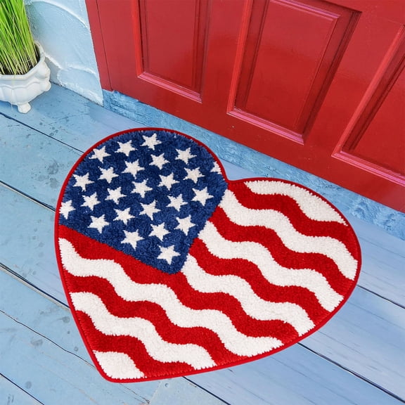HOARBOEG Patriotic Welcome Doormat for 4th of July, Heart Flag Indoor Outdoor Rug with Non-Slip Backing, Vintage Style Floor Mat for Front Door, Bathroom, Kitchen, Porch - 17.7x17.7 Inch, Red