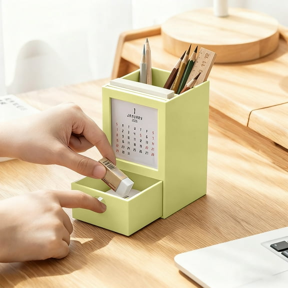 HOARBOEG Pen Holder with 2026 Calendar, 3-in-1 Multi-Functional Desktop Organizer with Drawer, Plastic Desk Storage for Pens, Notepad, and Supplies, Ideal for , Home, Office