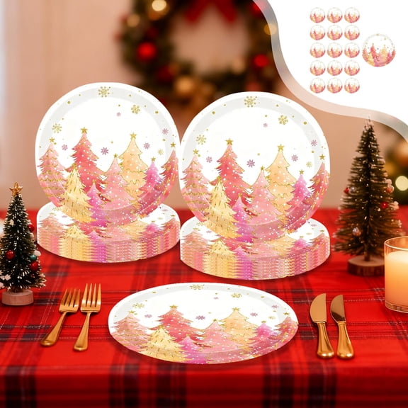 HOARBOEG Pink Christmas Tree Snowflake Theme Party Tableware Set, 16-Pc Disposable Paper Plates, 7-inch & 9-inch Plates, Cups & Napkins, Festive Holiday Dinnerware for Christmas Party Supplies