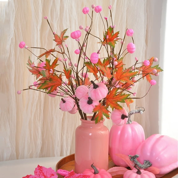 HOARBOEG Pink Faux Pumpkin Stem Cutting, 16.53in Artificial Vine, Fake Plants for Fall Table Centerpieces, Thanksgiving Decor, Harvest Home Arrangements Artificial Greenery