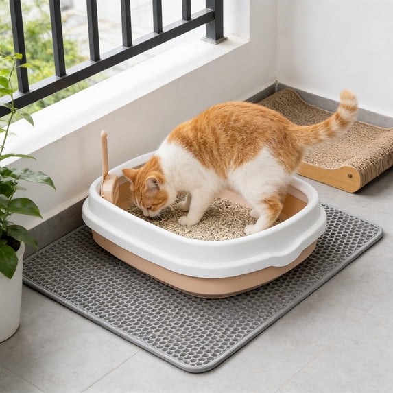 HOARBOEG Pink Semi-Enclosed Cat Litter Box, 15.75x10.63 Inch Open Front Litter Pan with Deep Sides to Control Scatter, Includes Litter Spade, Easy Clean Plastic Litter Box