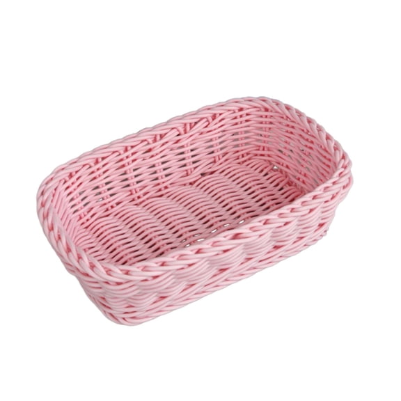 HOARBOEG Plastic Woven Storage Basket, Small Rectangular Organizer Tray for Bathroom Kitchen and Desktop, Lightweight Utility Basket for Home Office, Countertop Decor with Open Top, Pink