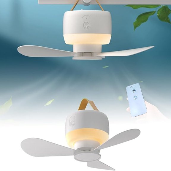 HOARBOEG Portable Camping Ceiling Fan with Remote Control - USB Rechargeable, 3 Speed Adjustable, Silent Operation Hanging Ceiling Fan for Indoor & Outdoor Use, Built-in LED Light