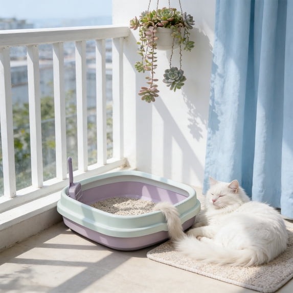HOARBOEG Purple Semi-Enclosed Cat Litter Box, 15.75x10.63 Inch Open Front Litter Pan with Deep Sides to Control Scatter, Includes Litter Spade, Easy Clean Plastic Litter Box