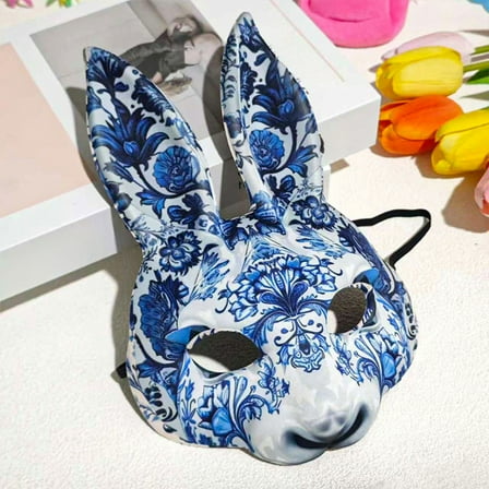 HOARBOEG Rabbit Mask with 3D Bunny Ears - Blue & White Vintage Floral Halloween Mask for Adults, Costume Parties & Stage Shows, Plastic Decorative Mask
