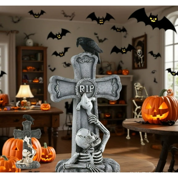 HOARBOEG Realistic Resin Tombstones for Outdoor Halloween Decor - Scary Skeleton Graveyard Yard Signs with Stakes, Gothic RIP Tombstone Decorations