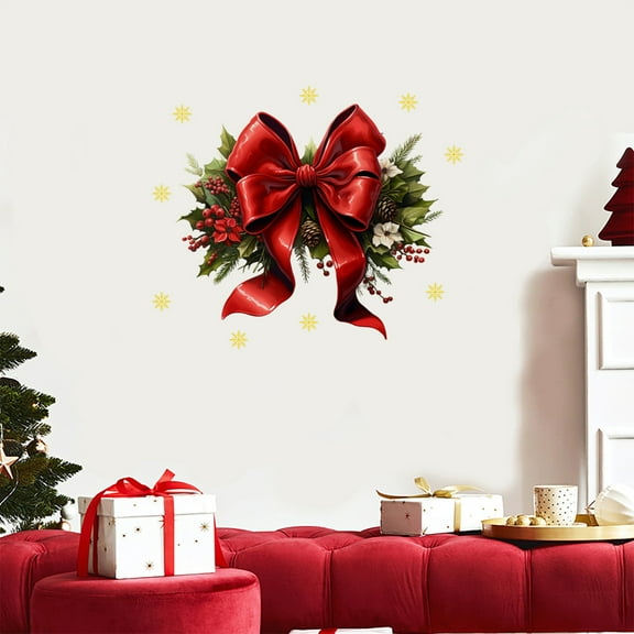 HOARBOEG Red Wall Festival Wreath Sticker 12in, Waterproof Christmas Wall Decal for Living Room Bedroom Window Door Decor, 3D Vinyl Holiday Decoration
