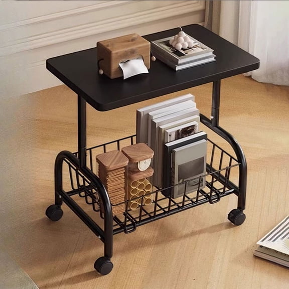 HOARBOEG Rolling Cart with Table, Mobile Side Table with Mesh Shelves & Open Storage, Compact Nightstand, Rolling Storage Cart for Living Room, Bedroom, 21.26x16.93x11.81in