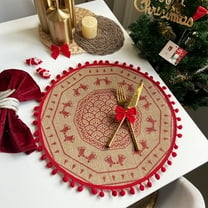 HOARBOEG Round Woven Christmas Placemats with Snowflake and Reindeer Design, 14.9in Holiday Table Mats for Kitchen and Dining, Festive Decor for Family Gatherings
