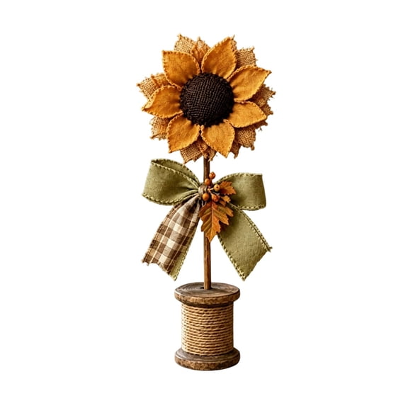 HOARBOEG Rustic Sunflower Tabletop Decor Set of 3, Burlap Fabric Sunflower Figurines on Wooden Spool Base, Fall Harvest Rustic Country Style Thanksgiving Centerpiece Decorations, Gift