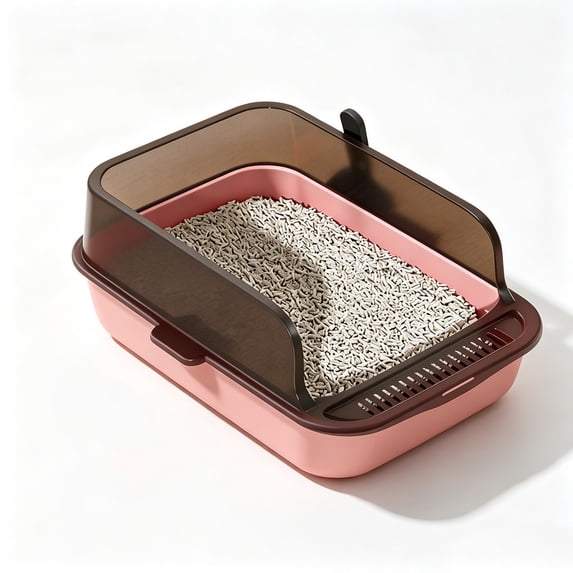 HOARBOEG Semi Enclosed High Sided Cat Litter Box with Scoop Low Entry Kitten Litter Pan Non Stick Plastic Litter Tray Easy Clean 15.75 x 11.81 x 5.91 Inch Pink