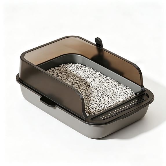 HOARBOEG Semi Enclosed High Sided Cat Litter Box with Scoop Low Entry Kitten Litter Pan Non Stick Plastic Litter Tray Easy Clean 15.75 x 11.81 x 5.91 Inch Gray
