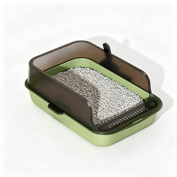 HOARBOEG Semi Enclosed High Sided Cat Litter Box with Scoop Low Entry Kitten Litter Pan Non Stick Plastic Litter Tray Easy Clean 15.75 x 11.81 x 5.91 Inch Green