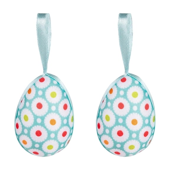 HOARBOEG Set of 2 Fabric Wrapped Foam Easter Eggs, 3.7 Inch Floral and Plaid Pattern Hanging Ornaments with Satin Ribbon, Spring Holiday Decor for Easter Tree Wreath Party Decorations