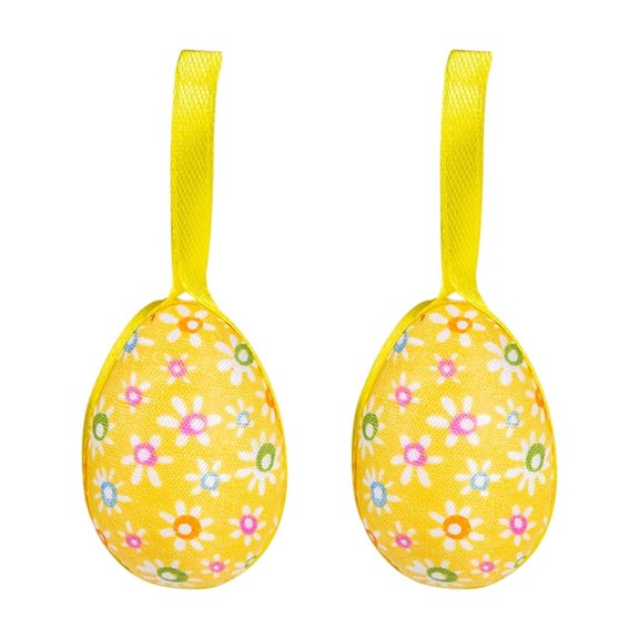 HOARBOEG Set of 2 Fabric Wrapped Foam Easter Eggs, 3.7 Inch Floral and Plaid Pattern Hanging Ornaments with Satin Ribbon, Spring Holiday Decor for Easter Tree Wreath Party Decorations