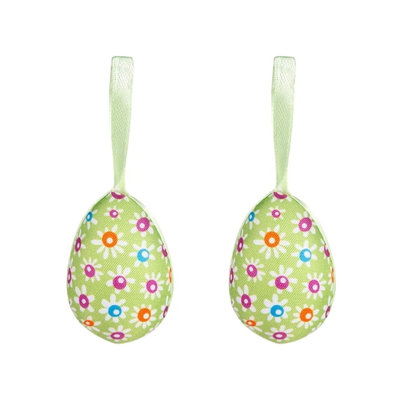 HOARBOEG Set of 2 Fabric Wrapped Foam Easter Eggs, 3.7 Inch Floral and Plaid Pattern Hanging Ornaments with Satin Ribbon, Spring Holiday Decor for Easter Tree Wreath Party Decorations