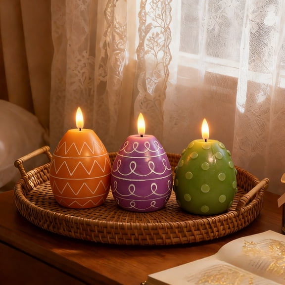 HOARBOEG Set of 3 Multicolor LED Electronic Candle Lamps - Realistic Wax Bullet Shape Flameless Candles for Easter Egg Decorations & Festive Home Atmosphere