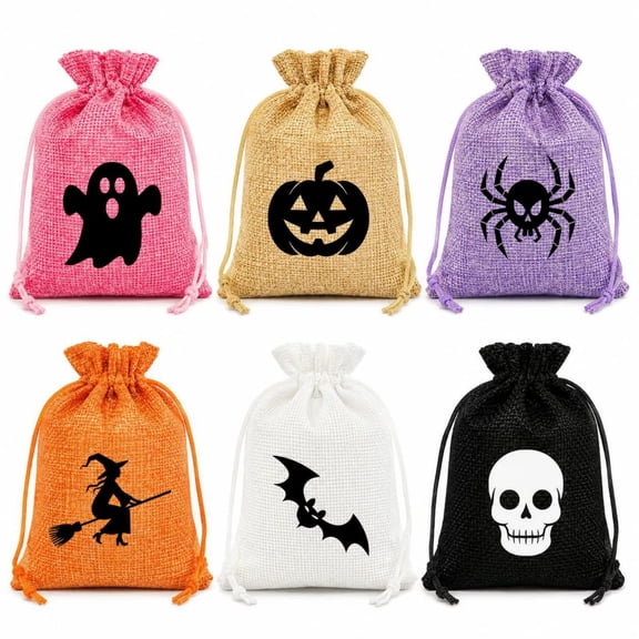 HOARBOEG Set of 6 Halloween Drawstring Gift Bags Spooky Ghost Pumpkin Witch Print Treat Pouches, Reusable Burlap-Style Candy Sacks for Party Favors Trick-or-Treat