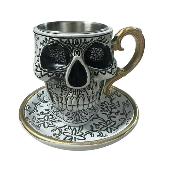 HOARBOEG Skull Coffee Mug and Saucer, Gothic Porcelain Tea Cup with Gold Trim, Ornate Floral Skull Design Ceramic Cup for Coffee or Tea, Halloween Decor Gift Idea
