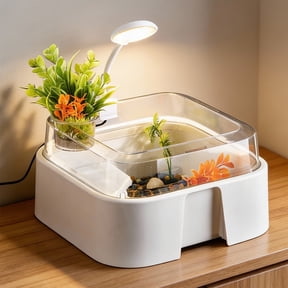 HOARBOEG Small Turtle Tank with Basking Area, 12x6 Inch Mini Aquarium for Turtles, Crab Habitat Plastic Reptile Tank, Compact Desktop Ecosystem for Office Home, Turtle Starter Kit