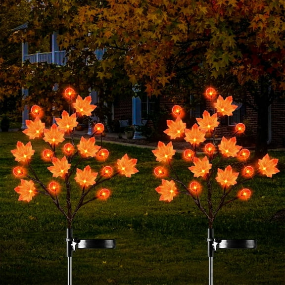 HOARBOEG Solar Thanksgiving Decorations Outdoor Lights, 20 LED Maple Leaf Pumpkin Garden Lights, Auto On/Off, Fall Decor, Ground Stake, Waterproof, Orange Plastic for Yard, Pathway, Halloween