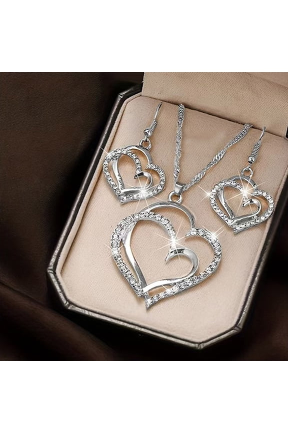 HOARBOEG Sparkling Fashion Necklace Earring Set Gift Box Double Peach Heart Necklace Earrings Ladies Jewelry Set Alloy Jewelry for Woman Valentine Surprise Gift Box Mother's Day Valentine Day Gift