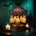 thumbnail image 1 of HOARBOEG Spooky Halloween Desk Lamp, Vintage Stained Glass Circus Tent Night Light with Ghosts, Bats & Skeletons, Antique Carved Base, Gothic Decor for Home, Party, Gift for Bedroom, Office, 1 of 6