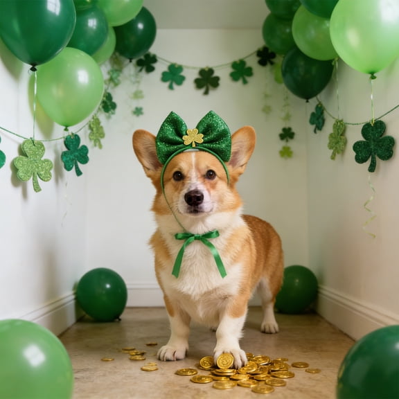 HOARBOEG St. Patrick's Day Dog Costume with Lace Skirt & Bow Headband, Adjustable Pet Dress Up, St. Patrick's Festival Party Outfit for Puppy Chihuahua Poodle, Cute Holiday Photo Prop Gift