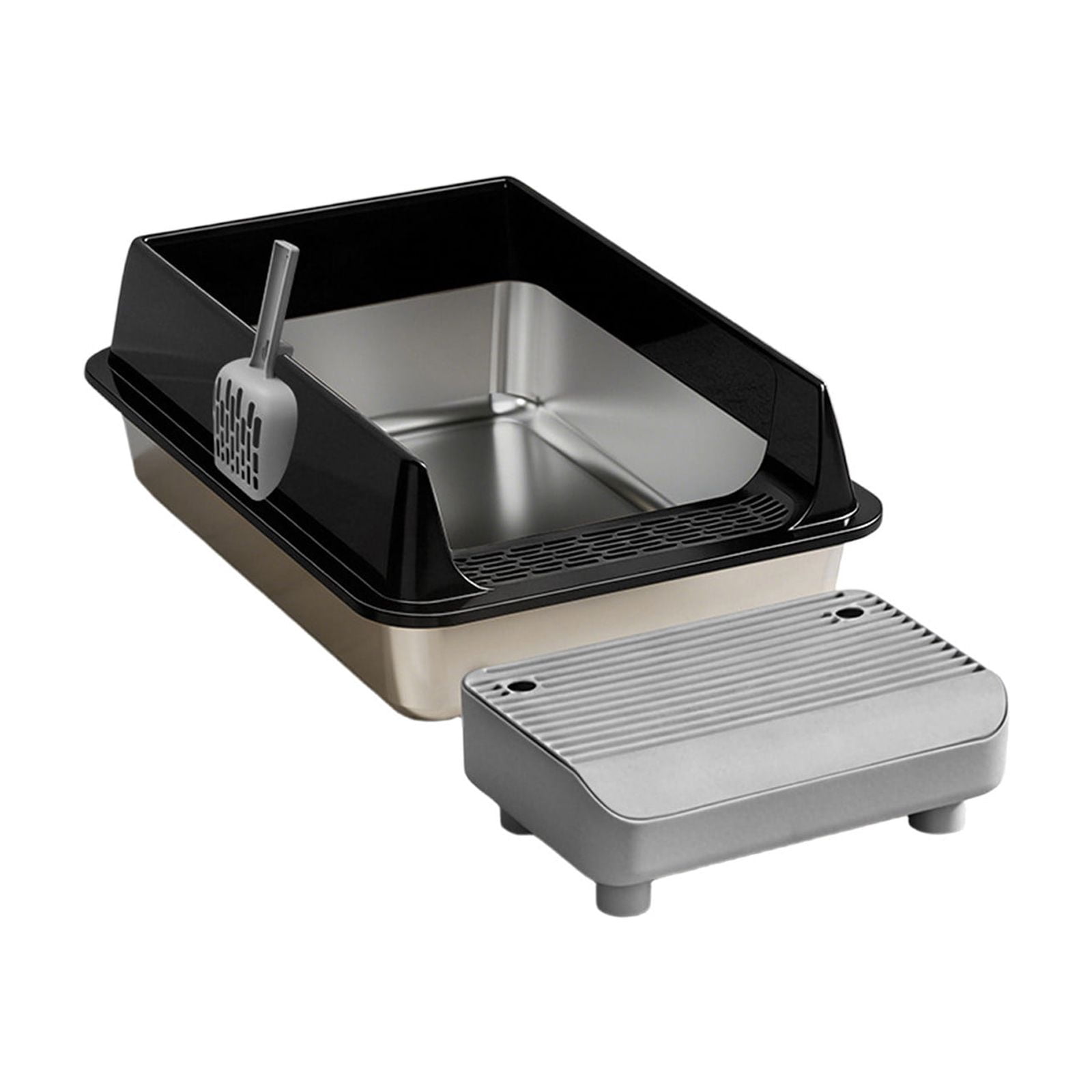HOARBOEG Stainless Steel Litter Box for Cats, High Sided Large Cat Litter Box with Step On Platform and Scoop, Odor Proof Easy to Clean Litter Box