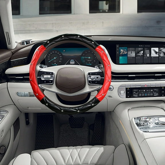 HOARBOEG Studded Leather Car Steering Wheel Cover with Floating Handle, Non-Slip Grip, Universal Fit for 14.96-15.75 Inch Wheels, All-Season Auto Interior Accessory