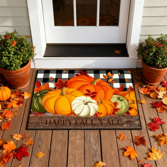 HOARBOEG Thanksgiving Pumpkin Printed Floor Mat, Non-Slip Kitchen Rug with Maple Leaf Design, Washable Entryway Doormats for Fall Home Decor, Restaurant & Laundry Room Floor