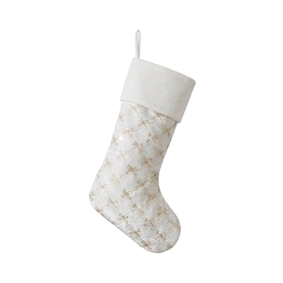 HOARBOEG Velvet Christmas Stocking with Gold Glitter Embroidery & Stripe Border, Large Xmas Hanging Sock Ornament for Fireplace Mantel Tree Decor White