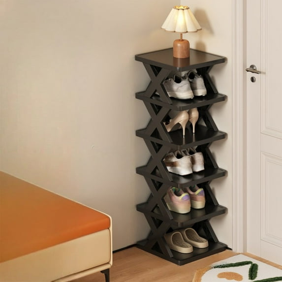 HOARBOEG Vertical Shoe Rack for Closet, Narrow Shoe Organizer for Entryway, 2-6-Tier Free Standing Stackable Black Shoe Racks for Small Spaces