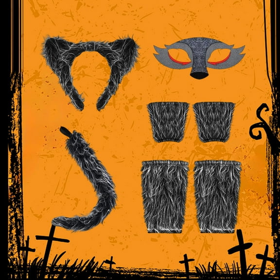 HOARBOEG Werewolf Costume Accessories Kit - Adjustable Gray Cloth Wolf Mask, Tail & Gloves Set for Teens Adults Halloween Dress Up, 4-Piece Set