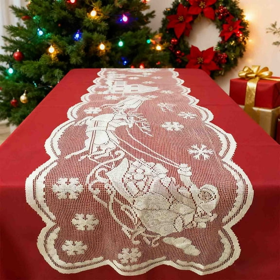 HOARBOEG White Knitted Lace Christmas Table Runner with Hollow Out Snowflake Embroidery, Elegant Rectangular Table Scarf for Holiday Dining Decor, Festive Tablecloth