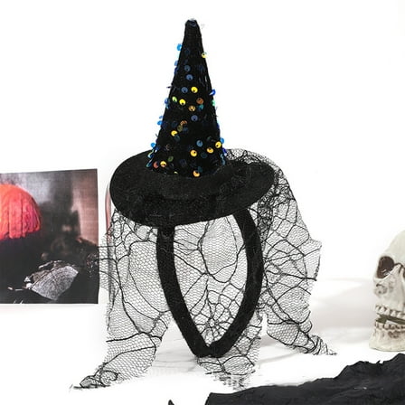 HOARBOEG Witch Hat Headband for Women, Sparkly Sequin Halloween Hair Accessories, Supplies for Trick or Treat, Masquerade & Performances - Comfortable Fabric Headband