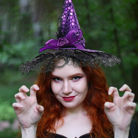 HOARBOEG Witch Hat Headband with Lace Sequins, Adjustable Halloween Costume Headband for Womens Adults, Black Bow Party Photo Props Accessory