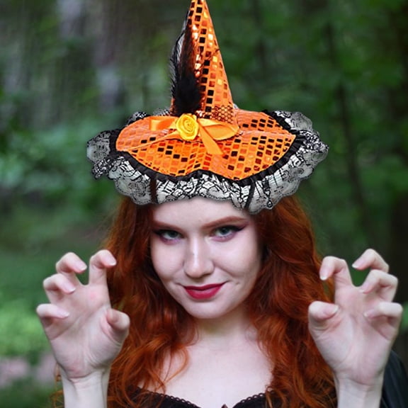 HOARBOEG Witch Hat Headband with Lace Sequins, Adjustable Halloween Costume Headband for Womens Adults, Black Bow Party Photo Props Accessory
