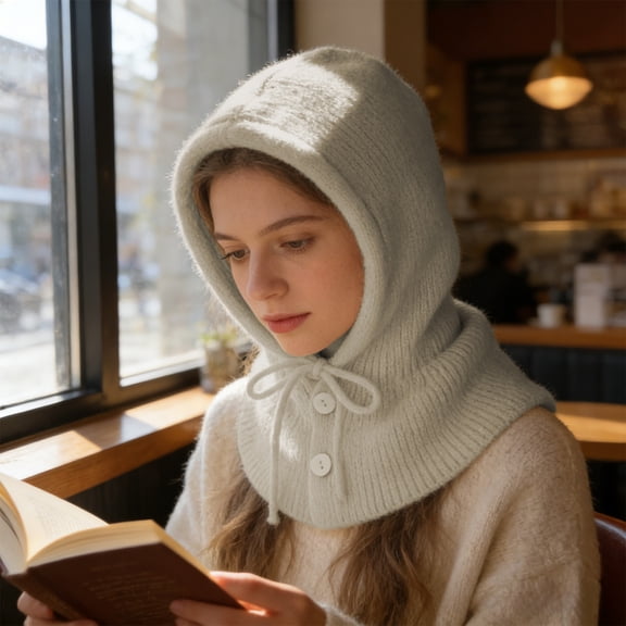 HOARBOEG Women's Knitted Hooded False Collar Scarf - Versatile Winter Hat & Neck Warmer for Women, Soft Stretchable Beanie Snood with Feminine Design for Layering