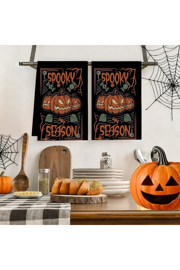 HOARBOEG Thanksgiving Halloween Pumpkin Kitchen Towel, Decorative Holiday Dishcloth with Fall Pumpkin and Maple Leaf Patterns for Cooking, Cleaning and Seasonal Home Decor