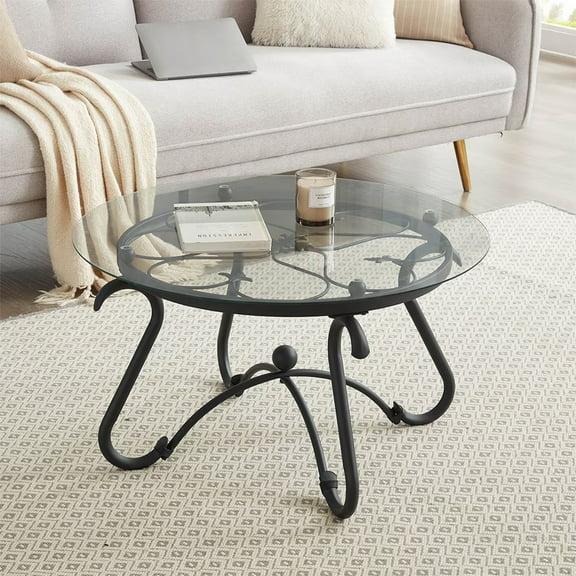 HOARBOEG 2-Piece Round Coffee Table Set, Tempered Glass End Side Tables for Living Room - Black Accent Tables with Sturdy Metal Frame, Modern Decor, 31.5*31.5*18.6in