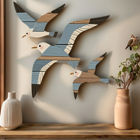 HOARBOEG Wooden Seagull Wall Decor Set of 3, Coastal Beach House Decor, Gray Nautical Wall Art for Living Room, Bedroom, Ocean Themed Home Decour