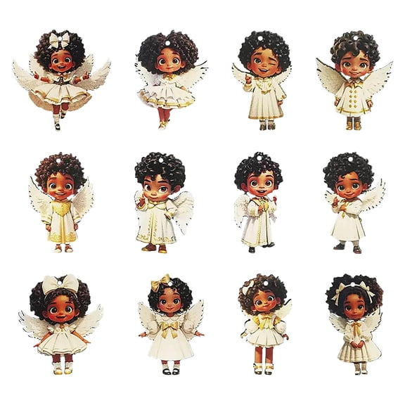 HOARBOEG Wooden Smiling Little Angela Ornament Set, Afros Latin Christmas Tree and Window Hanging Drop Decor, Maple Wood Cherubs with Gold Trim, Christmas Gift