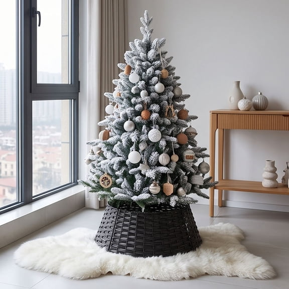 HOARBOEG Woven Plastic Christmas Tree Collar 26x20 Inch Tree Base Ring Skirt Replacement for Artificial Trees Indoor Holiday Decor Black