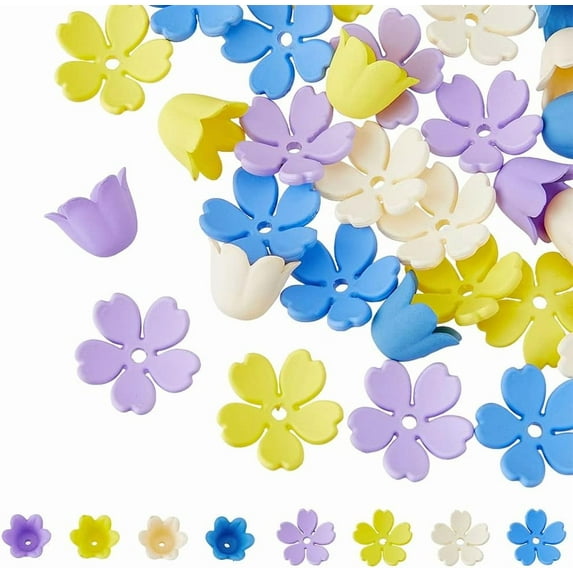 HOBBIEASY 80pcs 8 styles Opaque Acrylic Petals Floral Bead Hats 4 color Daisy Tulip Bead End Hats Assorted Matte Frosted Trumpet Flower Loose Bead End for DIY Jewelry Making Hole 1.3mm